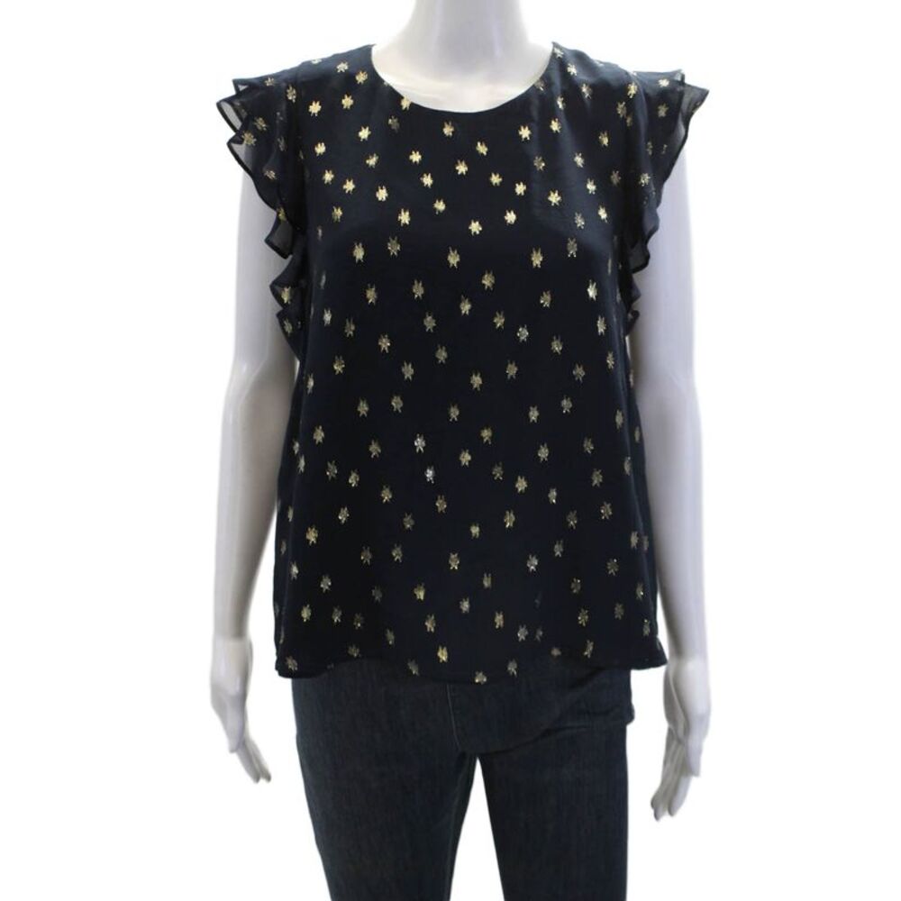 FiveSeventyFive Womens Metallic Silk Sleeveless Pullover Blouse Top Navy Size M